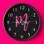Hot Pink Black Modern Script Girly Monogram Name  Clock<br><div class="desc">Make a bold statement in your space with our Hot Pink Modern Script Girly Monogram Name Large Clock! Featuring a vibrant hot pink design and personalized with your name in an elegant modern script, this clock adds a stylish and personal touch to any room. Perfect for bedrooms, offices, or living...</div>