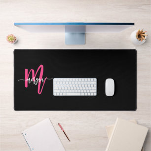 Hot Pink Black Modern Script Girly Monogram Name Desk Mat