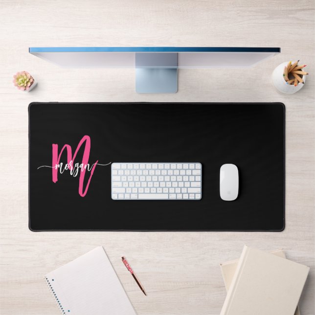 Hot Pink Black Modern Script Girly Monogram Name Desk Mat (Office 1)
