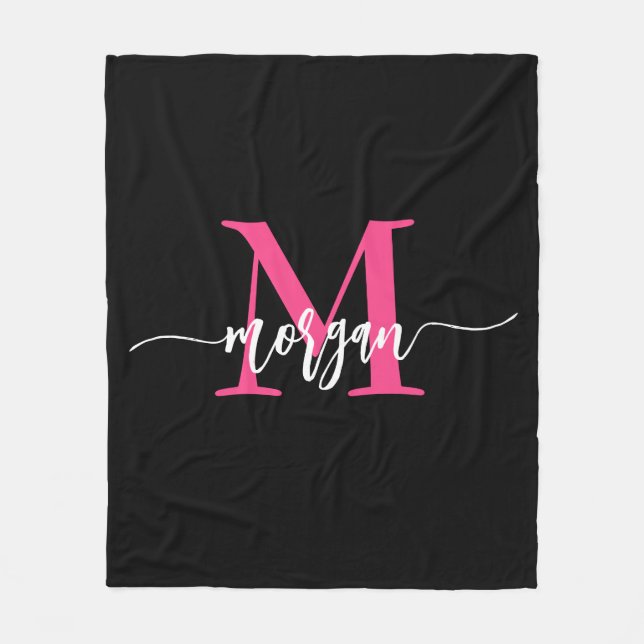 Hot Pink Black Modern Script Girly Monogram Name Fleece Blanket (Front)