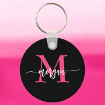 Hot Pink Black Modern Script Girly Monogram Name Keychain<br><div class="desc">Keep your keys in style with our Hot Pink Modern Script Girly Monogram Name Keychain! Featuring a vibrant hot pink design, this keychain is personalized with your name in a chic modern script for a custom, fashionable touch. Perfect for adding a bit of flair to your keys or bag, it’s...</div>