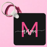 Hot Pink Black Modern Script Girly Monogram Name Keychain<br><div class="desc">Keep your keys in style with our Hot Pink Modern Script Girly Monogram Name Keychain! Featuring a vibrant hot pink design, this keychain is personalized with your name in a chic modern script for a custom, fashionable touch. Perfect for adding a bit of flair to your keys or bag, it’s...</div>