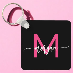Hot Pink Black Modern Script Girly Monogram Name Keychain
