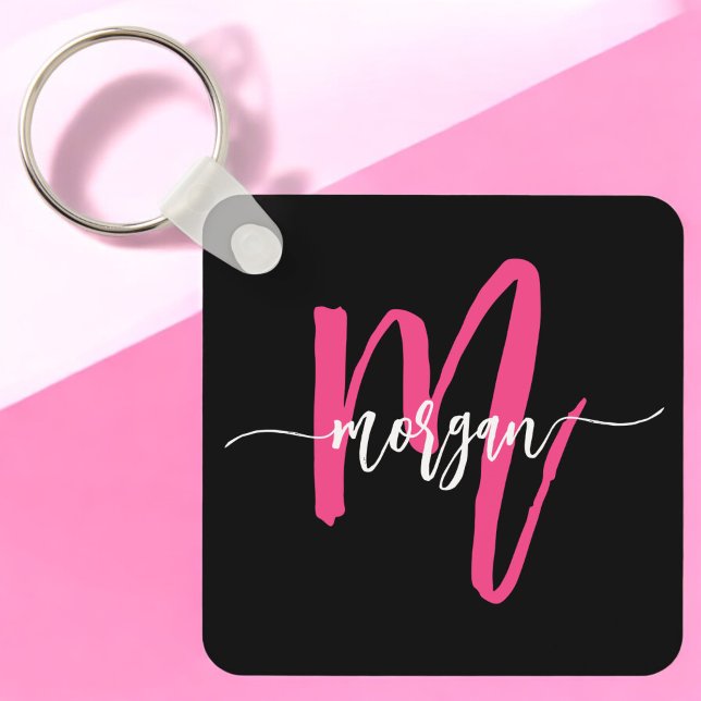 Hot Pink Black Modern Script Girly Monogram Name Keychain (Creator Uploaded)