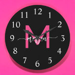 Hot Pink Black Modern Script Girly Monogram Name  Large Clock<br><div class="desc">Make a bold statement in your space with our Hot Pink Modern Script Girly Monogram Name Large Clock! Featuring a vibrant hot pink design and personalized with your name in an elegant modern script, this clock adds a stylish and personal touch to any room. Perfect for bedrooms, offices, or living...</div>