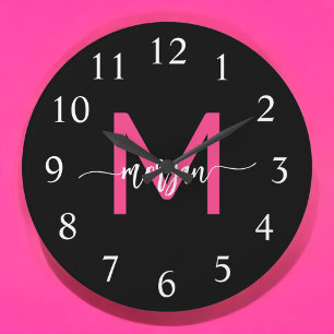 Hot Pink Black Modern Script Girly Monogram Name  Large Clock