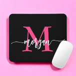 Hot Pink Black Modern Script Girly Monogram Name Mouse Pad<br><div class="desc">Add a pop of colour to your workspace with our Hot Pink Modern Script Girly Monogram Name Mouse Pad! Featuring a vibrant hot pink design and personalized with your name in a chic modern script, this mouse pad blends style with practicality. The smooth surface ensures precise mouse movements, while the...</div>