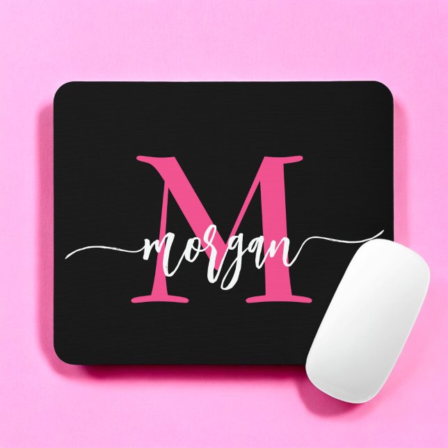 Hot Pink Black Modern Script Girly Monogram Name Mouse Pad (Creator Uploaded)
