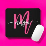 Hot Pink Black Modern Script Girly Monogram Name Mouse Pad<br><div class="desc">Add a pop of colour to your workspace with our Hot Pink Modern Script Girly Monogram Name Mouse Pad! Featuring a vibrant hot pink design and personalized with your name in a chic modern script, this mouse pad blends style with practicality. The smooth surface ensures precise mouse movements, while the...</div>