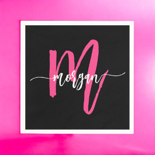 Hot Pink Black Modern Script Girly Monogram Name Napkin