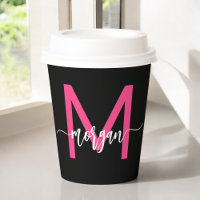 Hot Pink Black Modern Script Girly Monogram Name