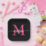 Hot Pink Black Modern Script Girly Monogram Name Paper Plate<br><div class="desc">Add a touch of chic to your celebrations with our Hot Pink Modern Script Girly Monogram Name Paper Plates! Featuring a vibrant hot pink design, these plates are personalized with your name in an elegant modern script for a custom, stylish touch. Perfect for birthdays, parties, or any special occasion, they...</div>