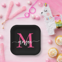 Hot Pink Black Modern Script Girly Monogram Name