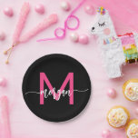 Hot Pink Black Modern Script Girly Monogram Name Paper Plate<br><div class="desc">Add a touch of chic to your celebrations with our Hot Pink Modern Script Girly Monogram Name Paper Plates! Featuring a vibrant hot pink design, these plates are personalized with your name in an elegant modern script for a custom, stylish touch. Perfect for birthdays, parties, or any special occasion, they...</div>