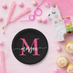 Hot Pink Black Modern Script Girly Monogram Name Paper Plate<br><div class="desc">Add a touch of chic to your celebrations with our Hot Pink Modern Script Girly Monogram Name Paper Plates! Featuring a vibrant hot pink design, these plates are personalized with your name in an elegant modern script for a custom, stylish touch. Perfect for birthdays, parties, or any special occasion, they...</div>