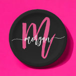 Hot Pink Black Modern Script Girly Monogram Name Paper Plate<br><div class="desc">Add a touch of chic to your celebrations with our Hot Pink Modern Script Girly Monogram Name Paper Plates! Featuring a vibrant hot pink design, these plates are personalized with your name in an elegant modern script for a custom, stylish touch. Perfect for birthdays, parties, or any special occasion, they...</div>