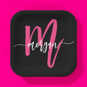 Hot Pink Black Modern Script Girly Monogram Name Paper Plate