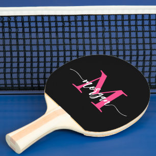 Hot Pink Black Modern Script Girly Monogram Name Ping Pong Paddle