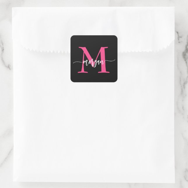 Hot Pink Black Modern Script Girly Monogram Name Square Sticker (Bag)