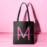 Hot Pink Black Modern Script Girly Monogram Name Tote Bag<br><div class="desc">Carry your essentials in style with our Hot Pink Modern Script Girly Monogram Name Tote Bag! Featuring a bold hot pink design, this tote is personalized with your name in a chic modern script for a trendy, custom look. Perfect for shopping, school, or everyday use, it offers ample space and...</div>