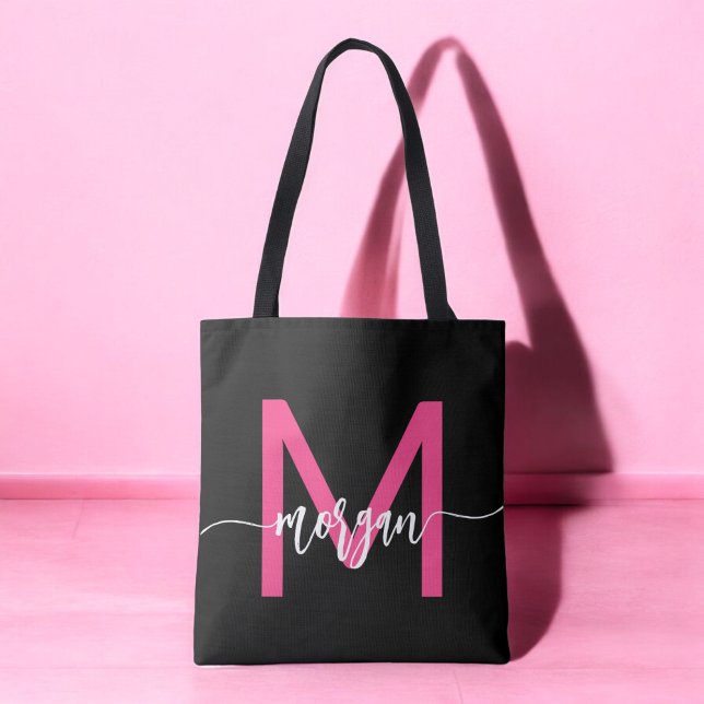 Hot Pink Black Modern Script Girly Monogram Name Tote Bag (Creator Uploaded)