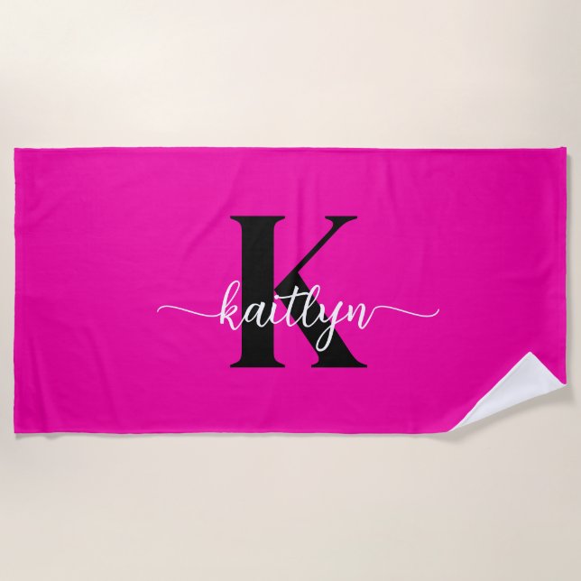 Hot Pink Black Monogram Beach Towel (Front)