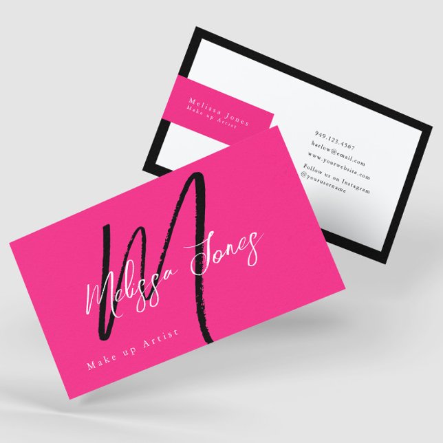 Hot Pink & Black Monogram Elegant Minimalist Business Card (Creator Uploaded)