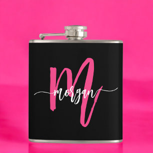 Hot Pink Black Monogram Girl's Bachelorette Party Hip Flask