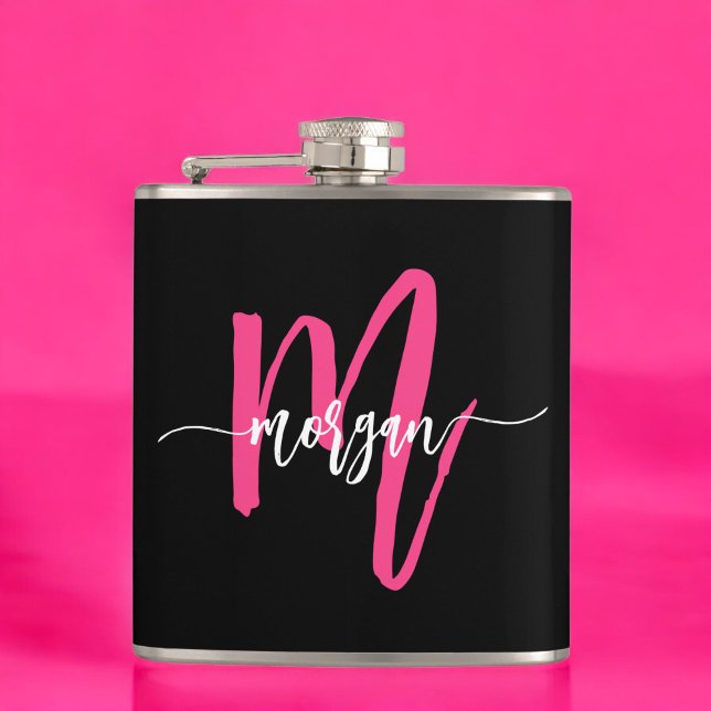 Hot Pink Black Monogram Girl's Bachelorette Party Hip Flask (Creator Uploaded)