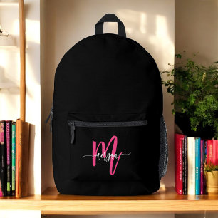 Hot Pink Black Monogram Girl's Back to School Printed Backpack