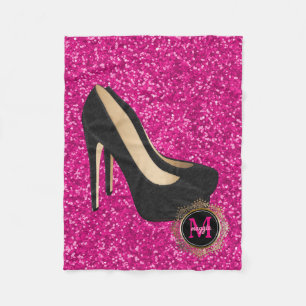 Hot Pink Black Monogram High Heels Glitter Fleece Blanket