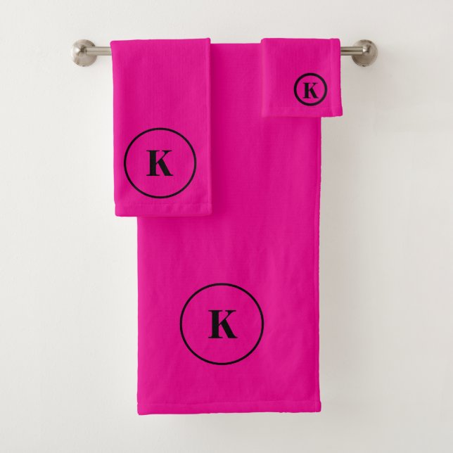 Hot Pink Black Monogram Initial Colourful Modern Bath Towel Set (Insitu)