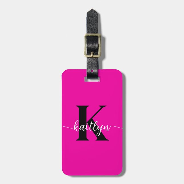 Hot Pink Black Monogram Luggage Tag (Front Vertical)