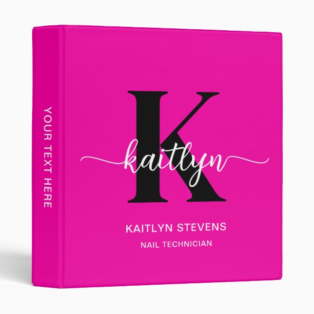Hot Pink Black Monogram Nail Technician Binder (Front/Spine)
