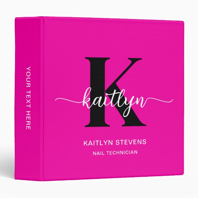 Hot Pink Black Monogram Nail Technician Binder (Front/Spine)