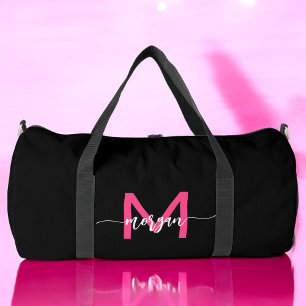 Hot Pink Black Monogram Name Girl's Script Sports Duffle Bag