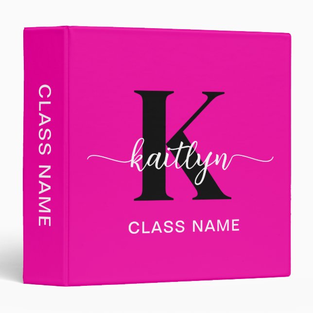 Hot Pink Black Monogram School Subject Binder (Front/Spine)
