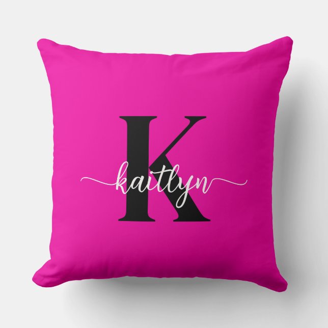 Hot Pink Black Monogram Throw Pillow (Front)