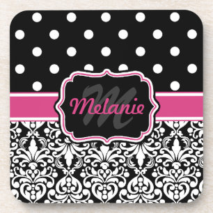 Hot Pink Black Monogrammed Damask Polka Dot Coaster