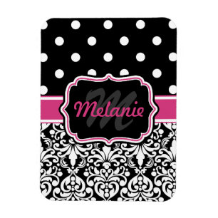 Hot Pink Black Monogrammed Damask Polka Dot Magnet