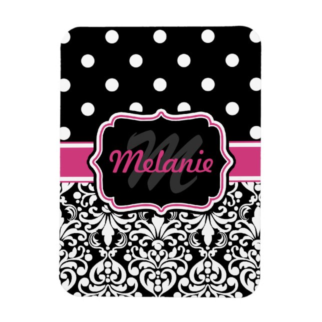 Hot Pink Black Monogrammed Damask Polka Dot Magnet (Vertical)