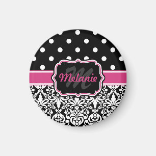 Hot Pink Black Monogrammed Damask Polka Dot Magnet