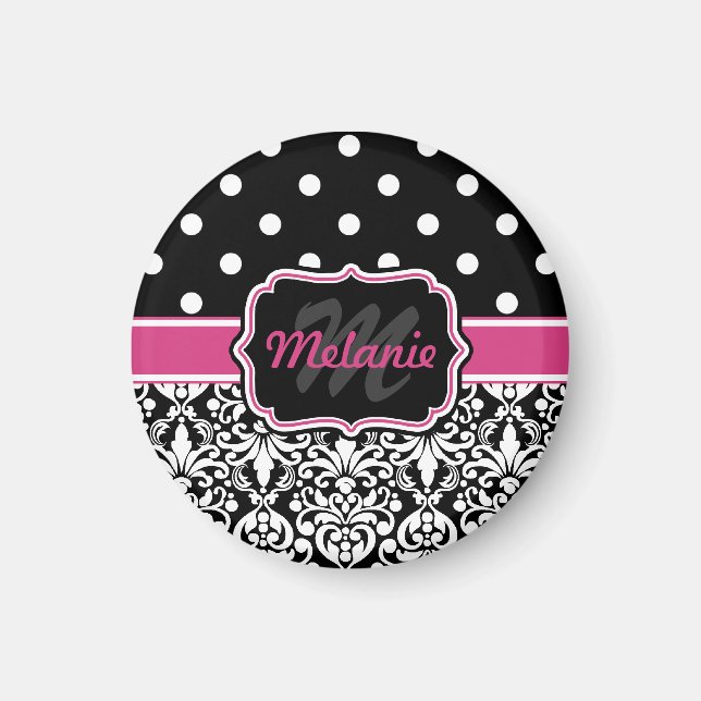 Hot Pink Black Monogrammed Damask Polka Dot Magnet (Front)