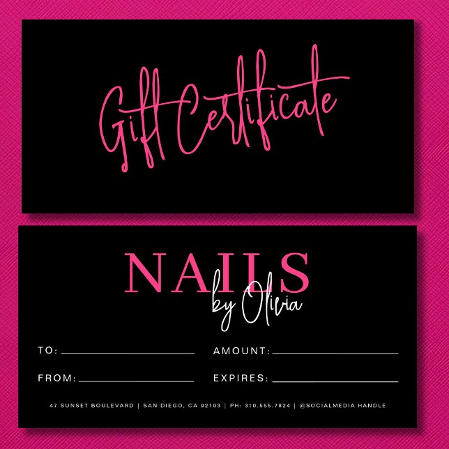 Hot Pink Black Nail Salon Logo Gift Certificates (Creator Uploaded)