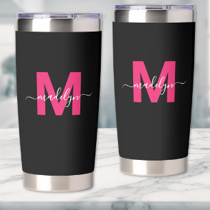 Hot Pink Black Name Monogram Insulated Tumbler