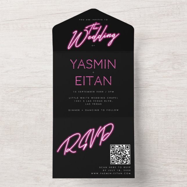 Hot Pink Black Neon Lights Girly Wedding All In One Invitation (Inside)