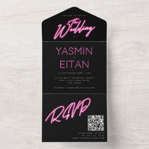 Hot Pink Black Neon Lights Girly Wedding All In One Invitation