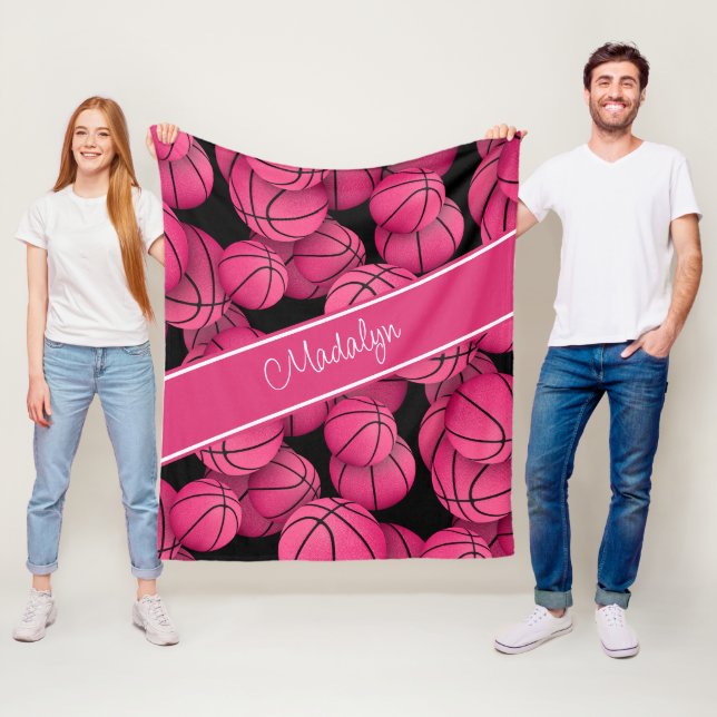 hot pink black personalized girls basketball fleece blanket (In Situ)