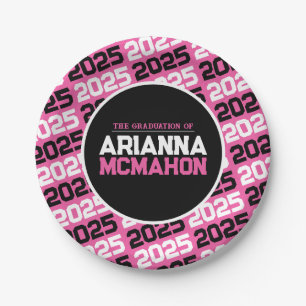 Hot Pink & Black Personalized Graduation Paper Plate
