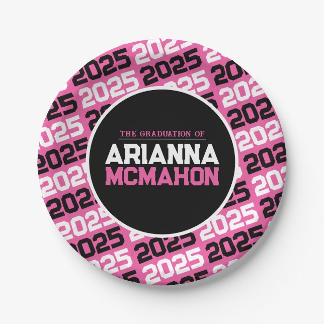 Hot Pink & Black Personalized Graduation Paper Plate (Front)